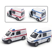 1:32 PULL BACK METAL POLICE CAR W / OPEN THE DOOR + MEDICAL CAR W / LIGHT, MUSIC, 2 ASST MIXED, 12 PCS/BOX