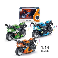 1:14 PULL BACK METAL MOTORCYCLE W / LIGHT, MUSIC, 3 COLOR MIXED (GREEN/ORANGE/BLUE)