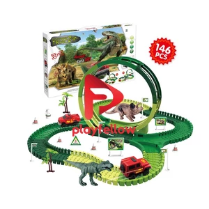 146 PCS 360°DINOSAUR RAIL (INCLUDED 1 PCS ELECTRIC CAR + 120 PCS RAIL + 2 PCS CAR + 2 PCS DINOSAUR + 2PCS TREE + 12 PCS ROAD SIGN)